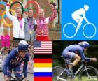 Γυναικεία χρόνο δοκιμαστική ποδηλασία πόντιουμ, Kristin Armstrong (Ηνωμένες Πολιτείες), Judith Arndt (Γερμανία) και Olga Zabelinskaya (Ρωσία) - London 2012-